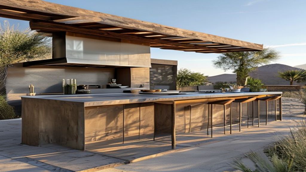 Sleek modern outdoor kitchen with stone countertops and desert landscaping for upscale estate living