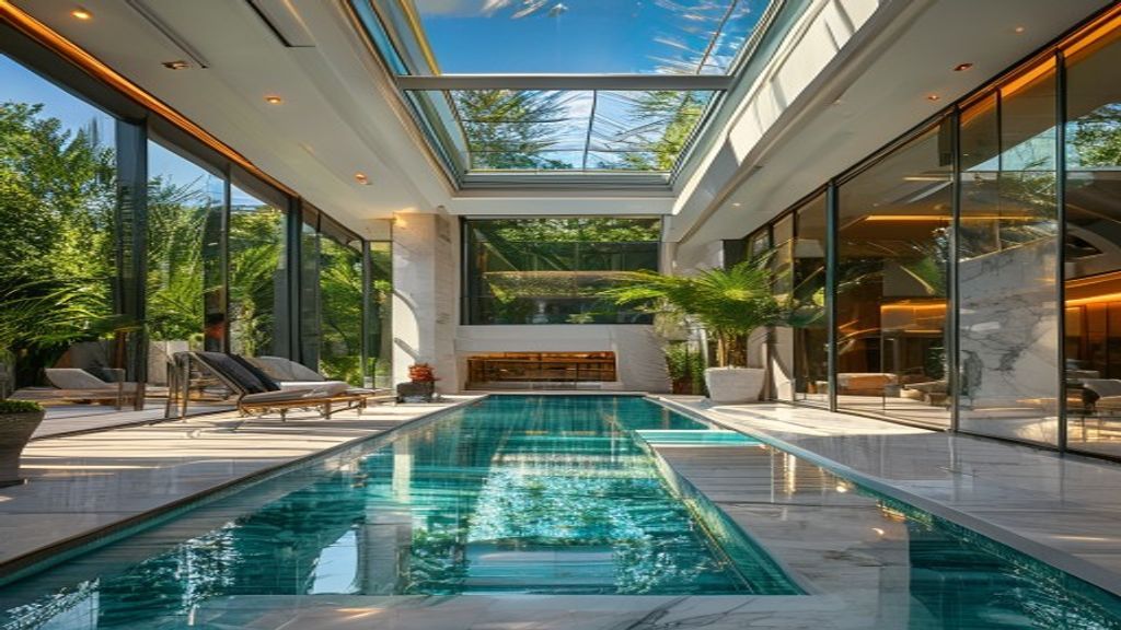 Luxury mansion interior featuring a modern indoor pool and elegant design