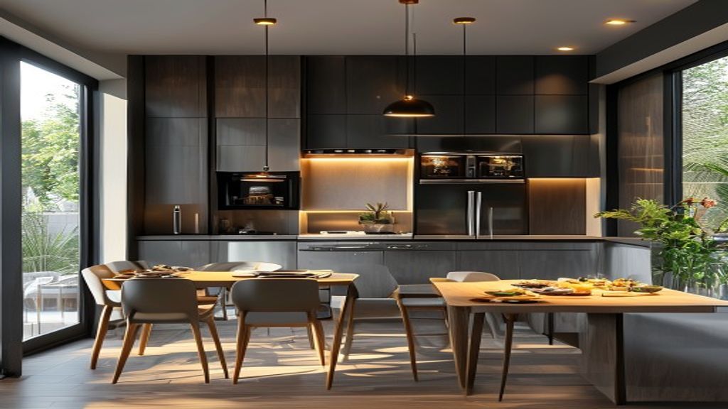 Elegant dining area featuring sleek built‑in appliances that elevate style and functionality